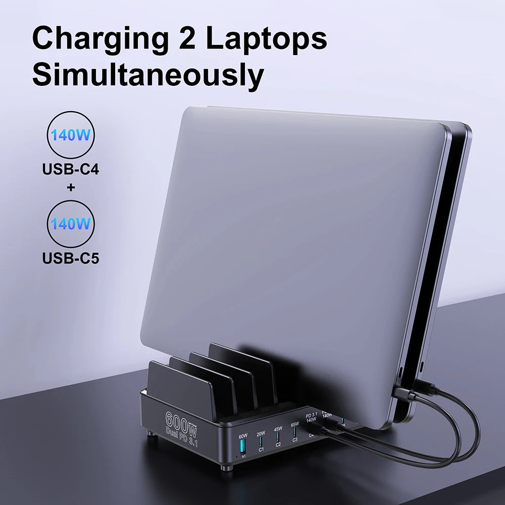 600W 10-Port GaN Fast Charging Station PD 3.1 USB-C Desktop Charger