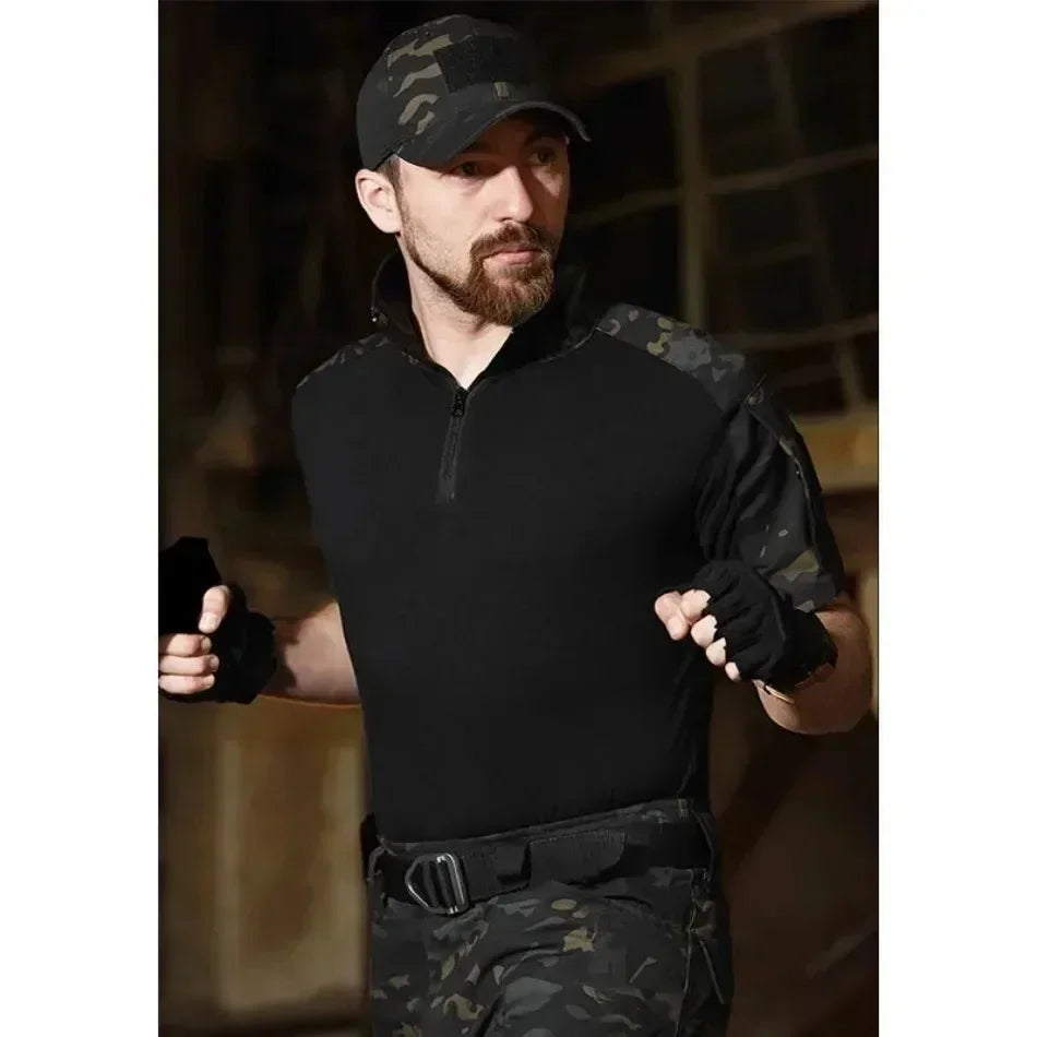 Black Camo Training Sets 1/4 Zipper Combat Tops Tactical Suits Hiking Pants Men Durable Shirts Multiple Pockets Wear-resisting