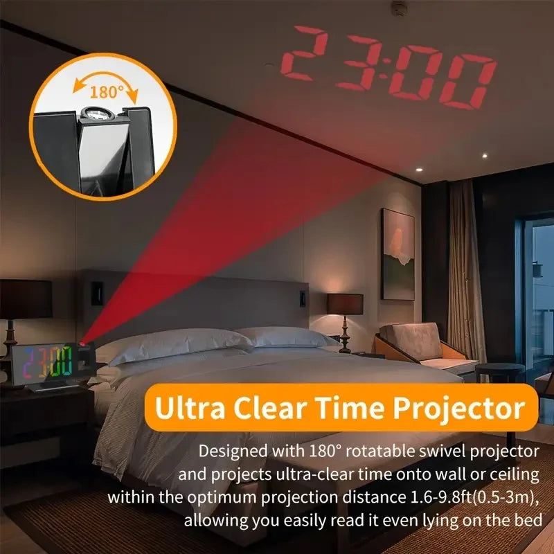 Projection alarm clock multifunction Intelligent luminous clock Bedroom large screen digital clock 180℃ back and celling projec