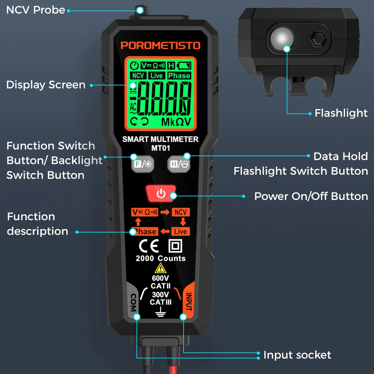 Multímetro digital inteligente POROMETISTO MT01, comprobador de voltaje, herramienta de prueba de cables activos y NCV, 2000 cuentas, voltaje 600V AC/DC