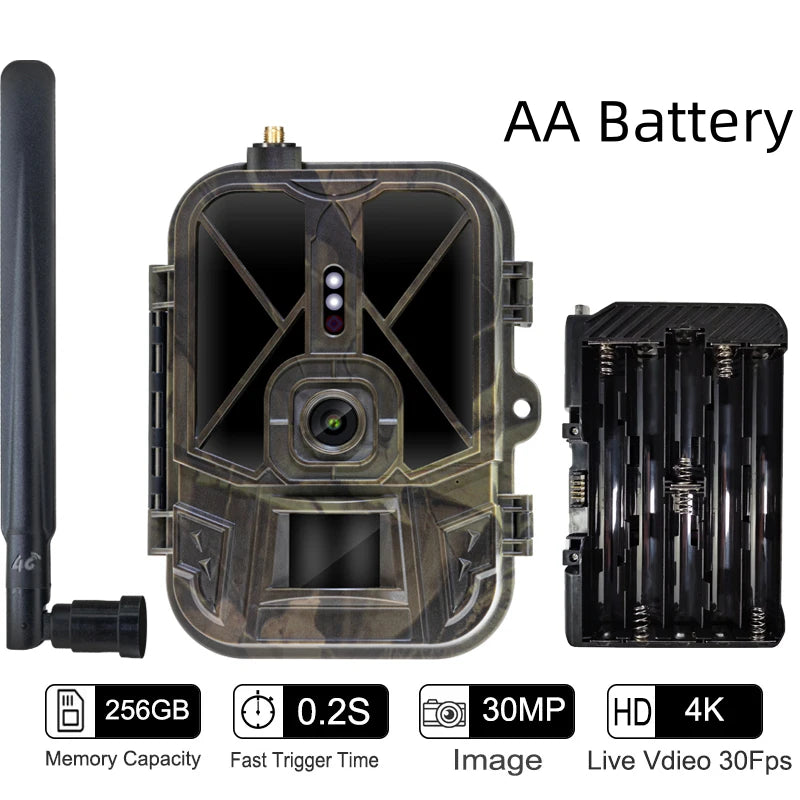 4K 30fps Live Stream APP Clould Service Hunting Trail Camera 8*1.5V AA Battery 4G 30MP 940nm Night Vision Cameras HC940PRO