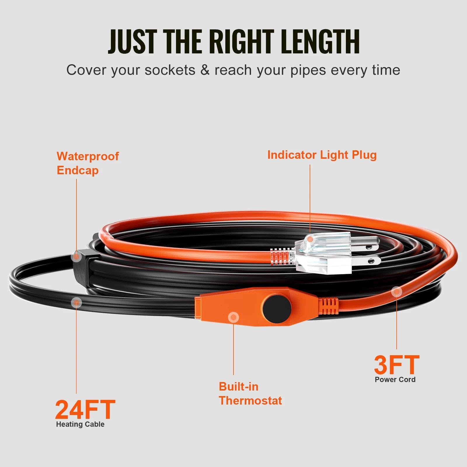 Cable calefactor para tuberías con cinta térmica para protección contra congelación (6FT–30FT)