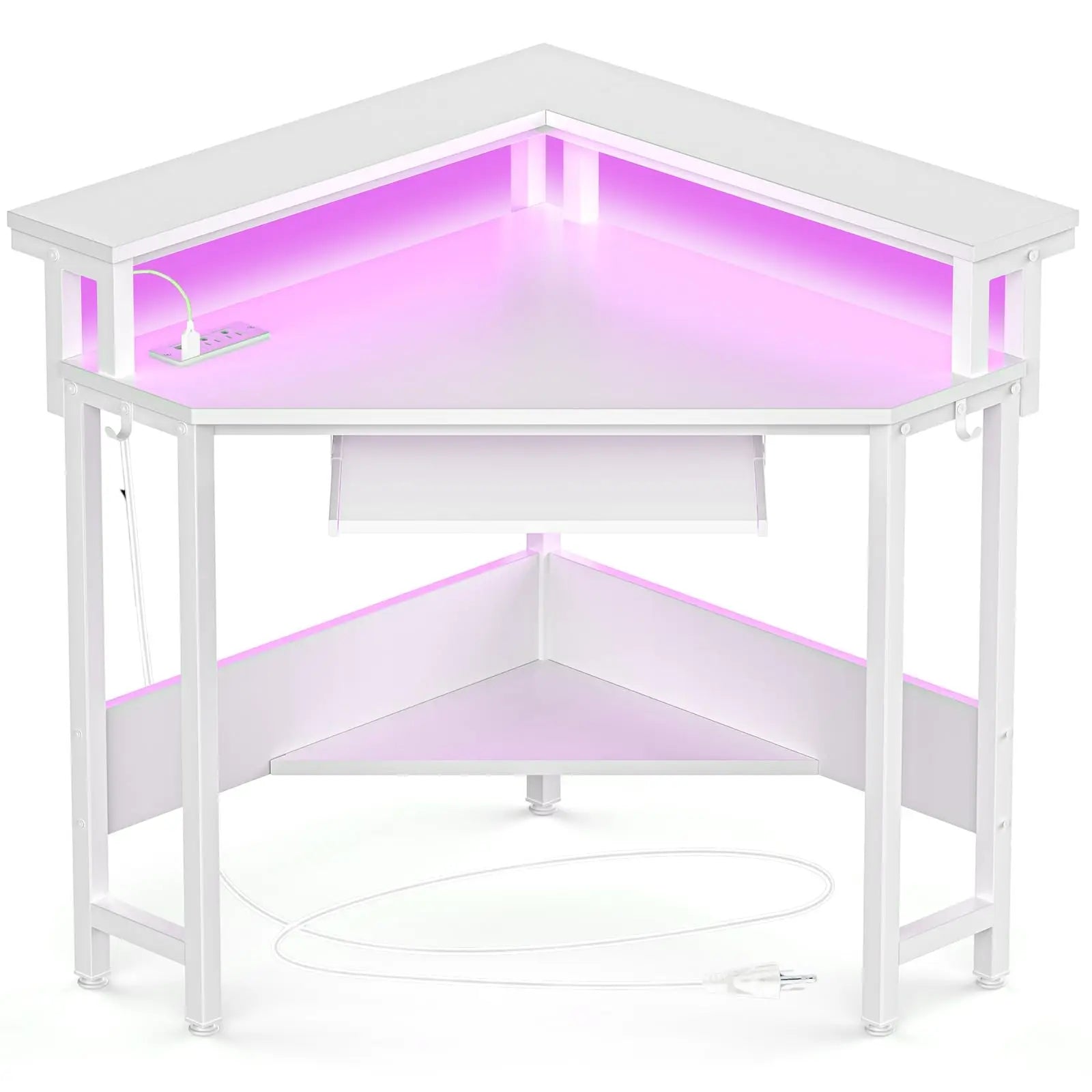 Corner Desk with LED Lights & Power Outlets for Small Spaces