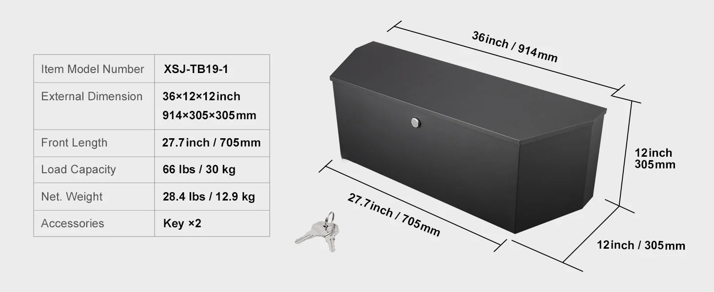 Coffre de rangement robuste en aluminium pour timon de remorque 33"