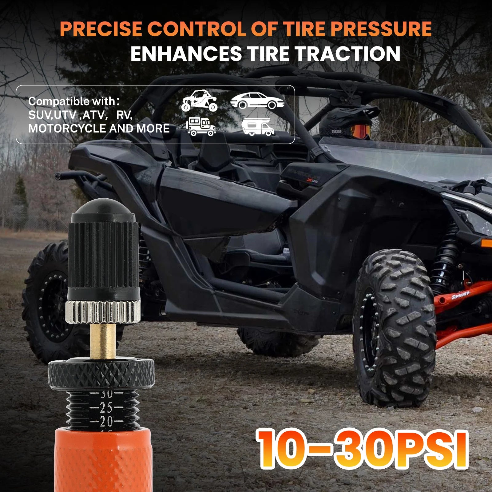 4 X 10-30 PSI Orange Adjustable Auto-Stop Tire Deflator Valve Kit Screw-on Tyre Deflator Tool For Offroad 4x4 Vehicle Accessorie