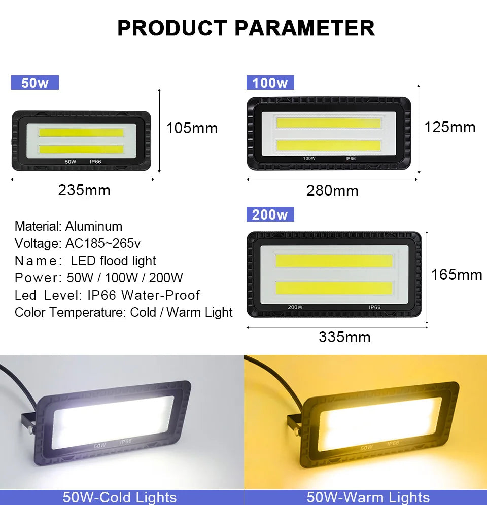 LED Flood Lights AC 220V 200W 100W 50W IP66 Waterproof Outdoor Garden Wall Lighting Projector Landscape Spotlight COB Floodlight