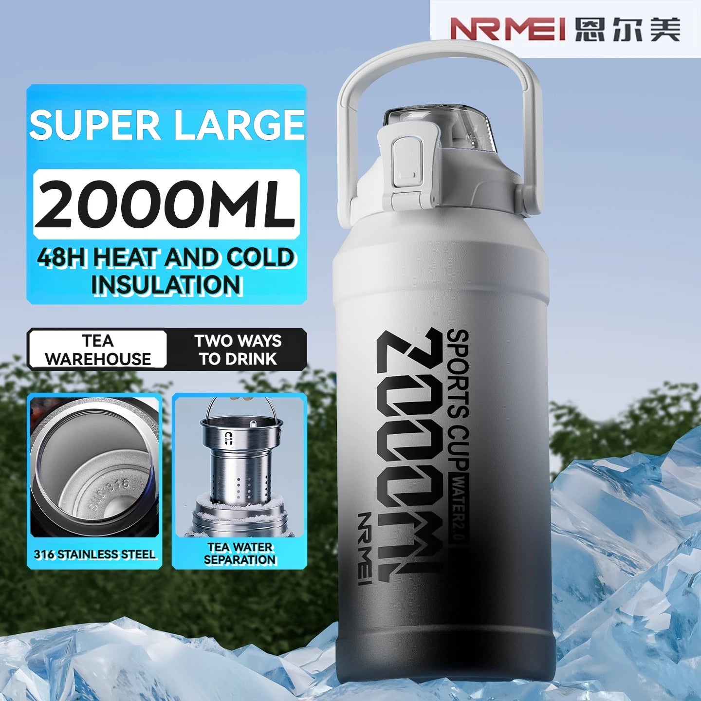 Thermos Wasserflasche mit Strohhalm, Griffbecher, 316 Edelstahlflasche, große Kapazität, vakuumisolierter Becher