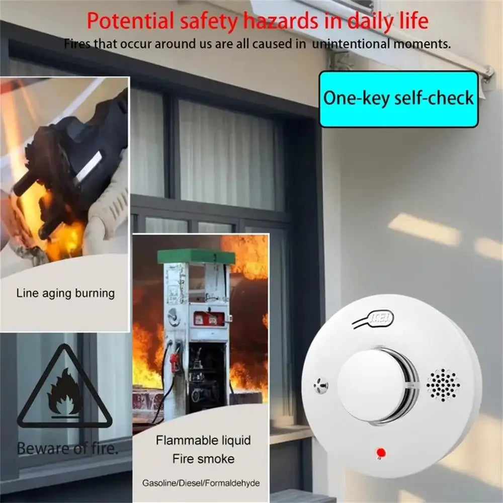 Independent Smart Smoke Detector Wireless Fire Alarm Sensor with Sound and Flash Light for Home Kitchen Office Safety Protection