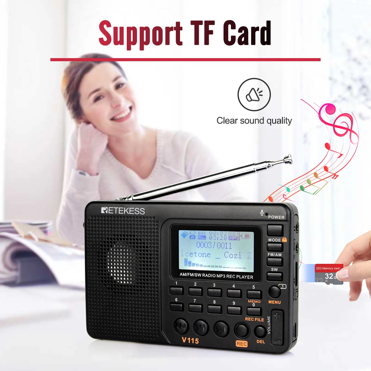 RETEKESS V115 Radio FM AM SW Portable Radios Rechargeable Radio Batteries multiple bands USB Recorder Speaker for Elders TX32