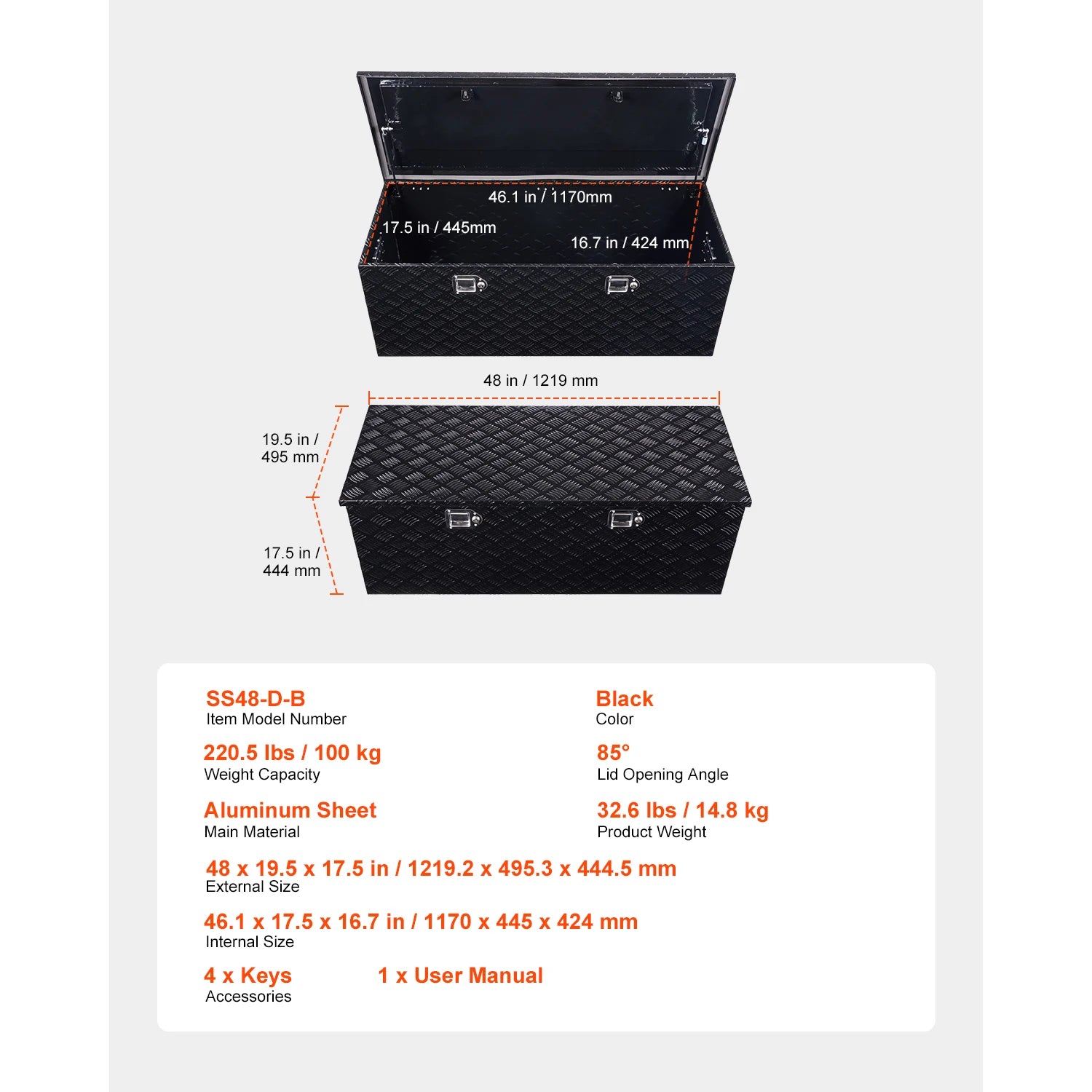 Heavy Duty Aluminum Truck Bed Tool Box with Lockable Storage