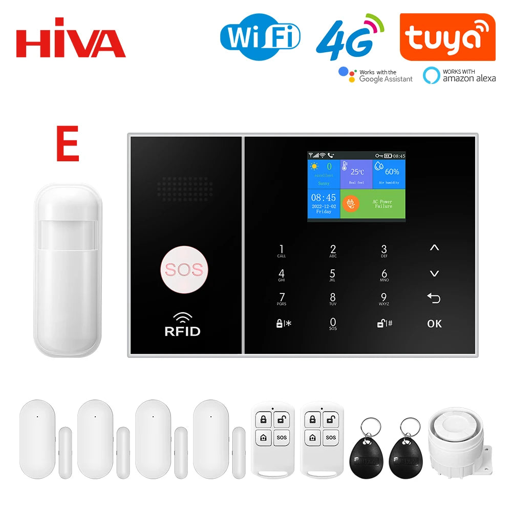 HIVA 4G Security Alarm System For Home WiFi Tuya Smart Life App Control Burglar Alarm Kit Work With Alexa With Pir Door Sensor
