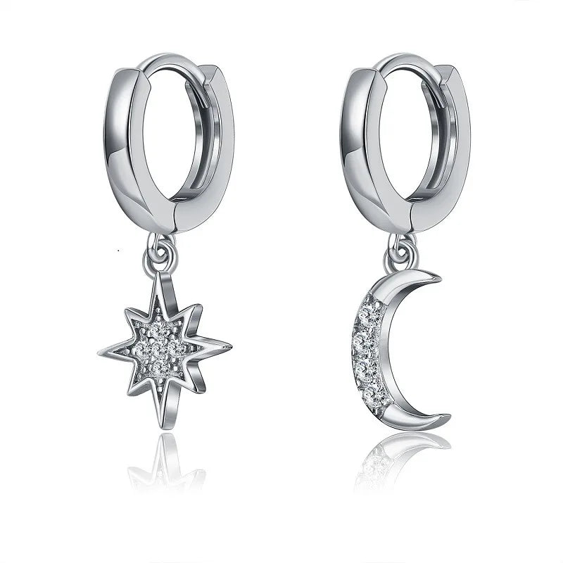 925 Sterling Silver CZ Star Moon Asymmetric Hoop Earrings