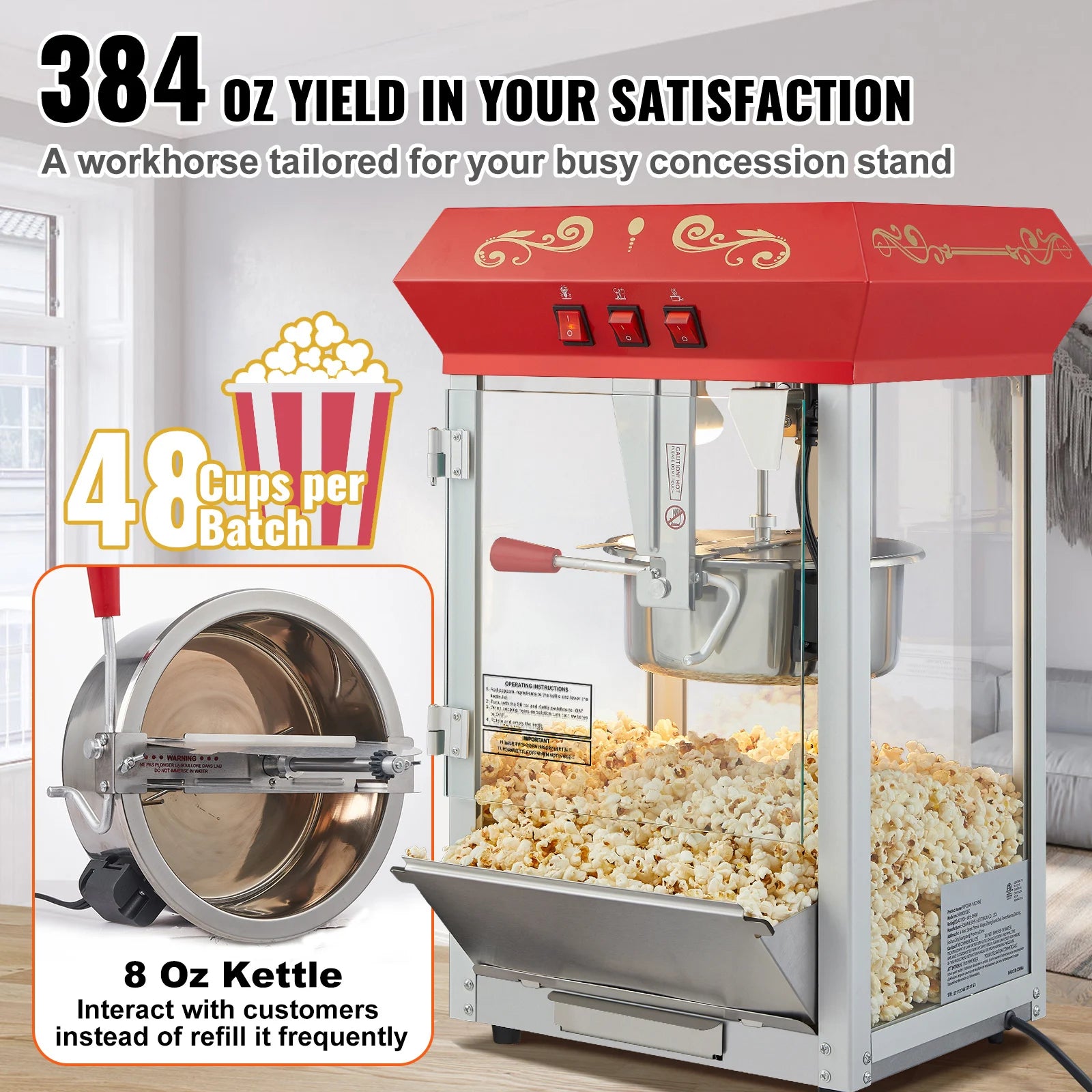 8oz Popcornmachine voor op het aanrecht met glazen panelen en warmhoudplaat