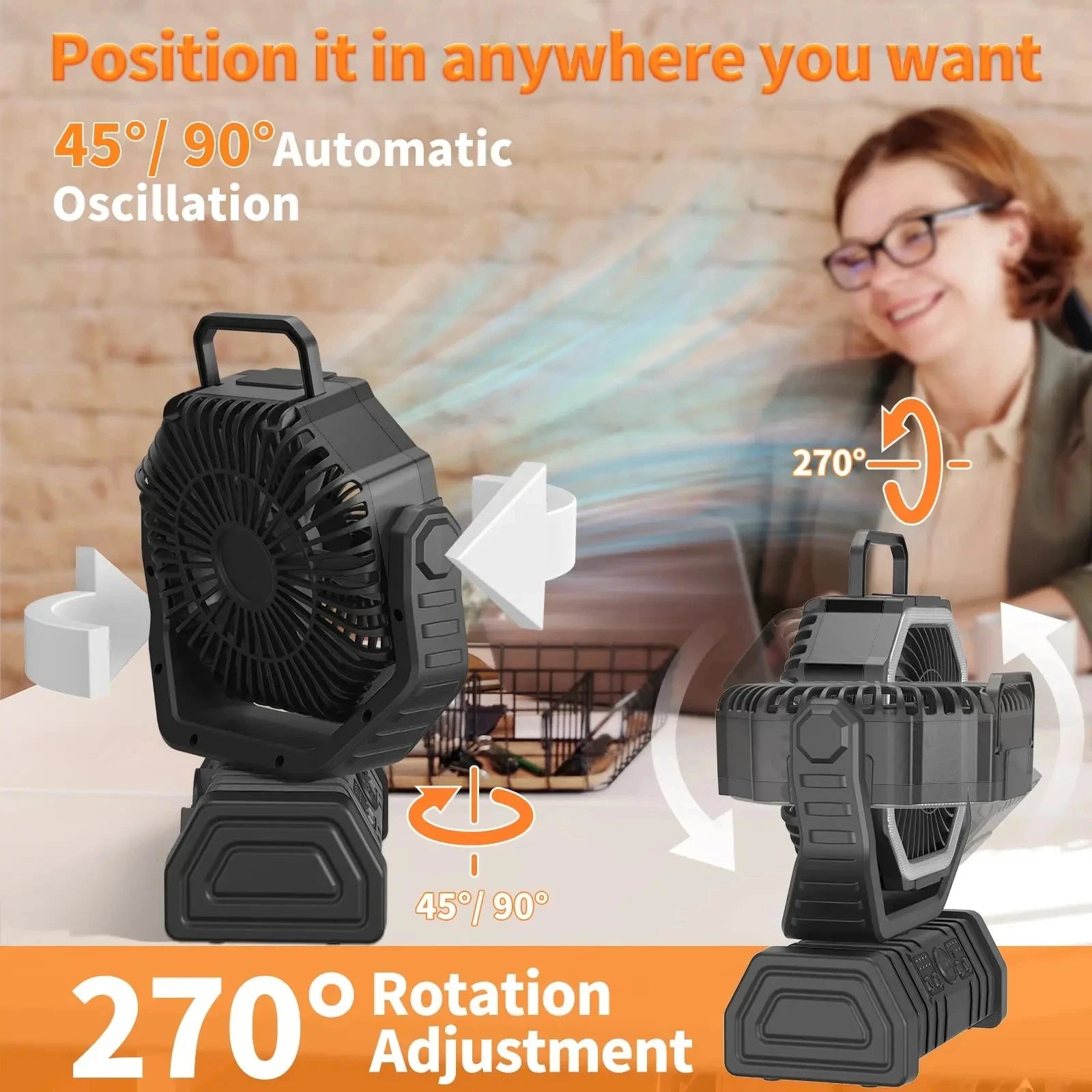 20000mAh High-Capacity Battery LED Light Camping Fan Movable Wireless Air Circulators Outdoor Ventilador with Hook