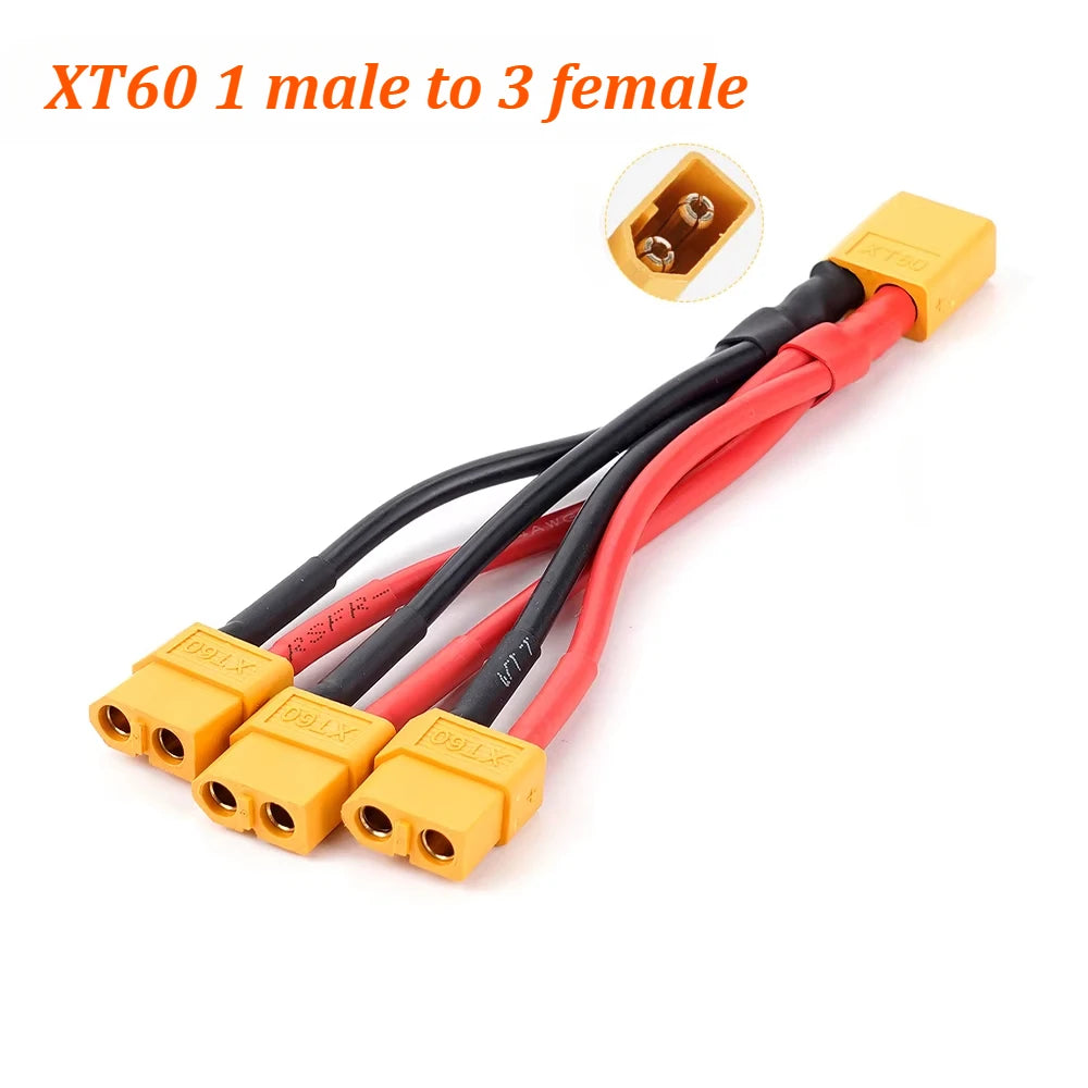 XT60 Parallel Battery Connector 3-Way 14AWG Silicone Wire Male/Female Dual Extension Y Splitter 100mm for Battery Charger Motor