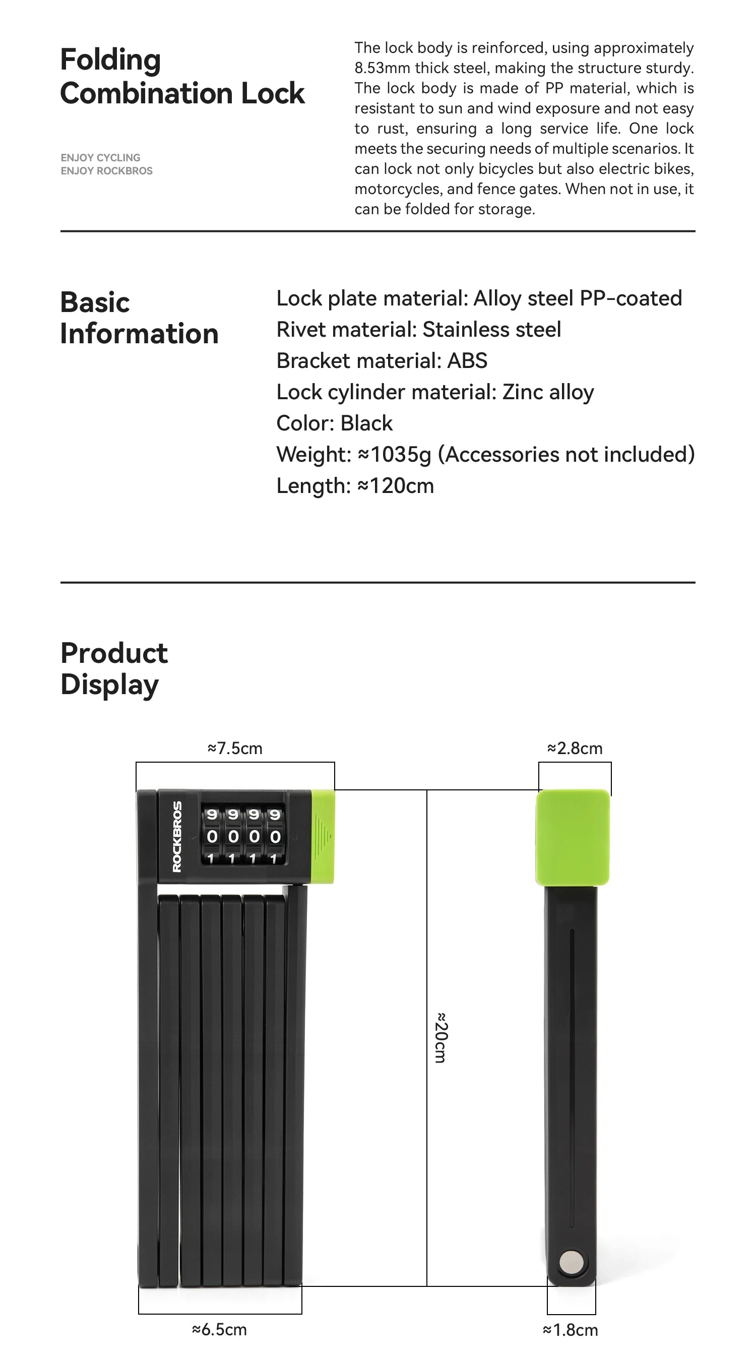 Folding Bike Combination Lock with Alloy Steel Body