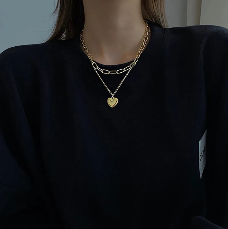 Vintage Love Heart Pendant Necklace for Women Trend Aesthetic Gold Color Metal Chain Collar Choker Party Jewelry Birthday Gifts