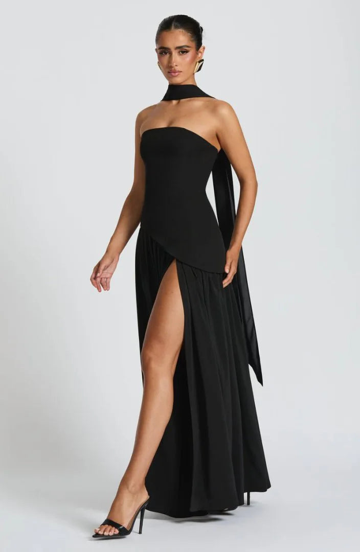 Elegant Strapless Floor-Length Women’s Slit Backless Evening Dress