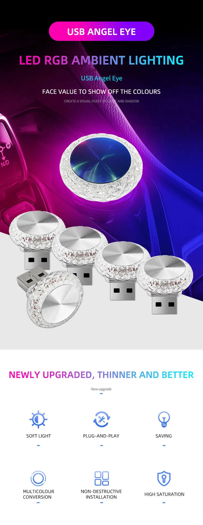 1pc Colorful Portable USB Mini LED Ambient Light for Car Interior Computer Atmosphere Lamp Plug and Play Night Light