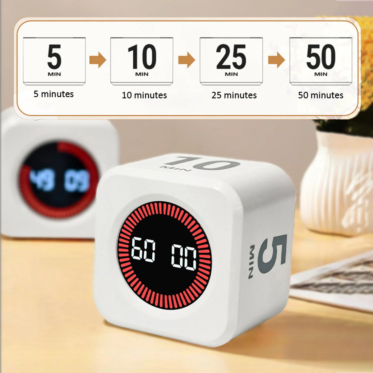 Kubisk visuel timer, 99 minutter, lydløs timer med op- og nedtælling, Type-C-tilslutning, tyngdekraftssensor og digital alarm til madlavning, studier og bad