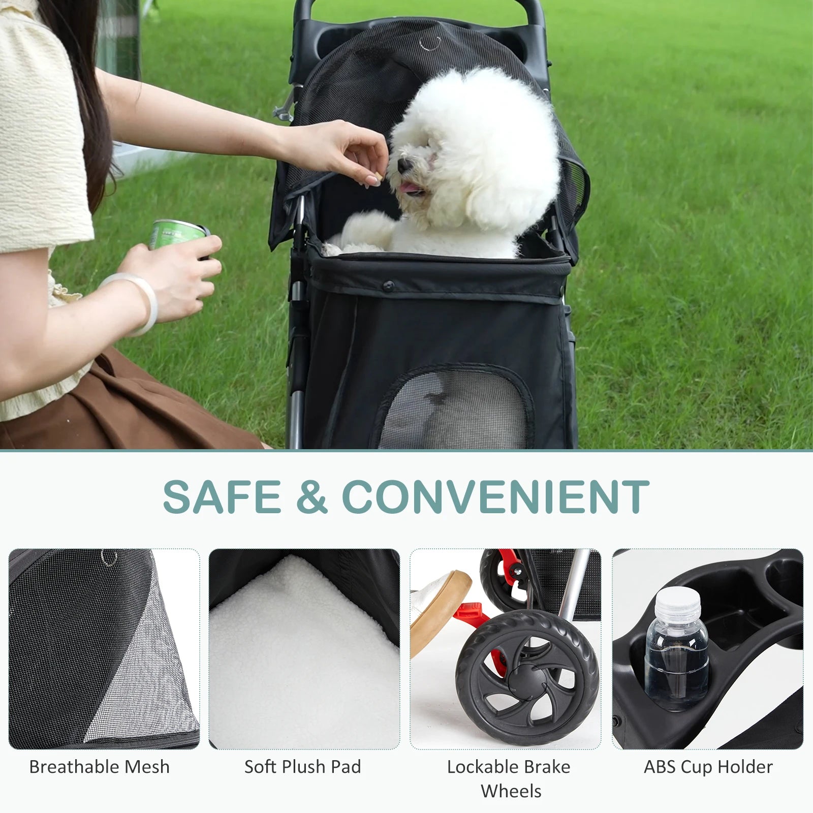 3-Wheel Foldable Pet Stroller with Storage & Mesh Windows