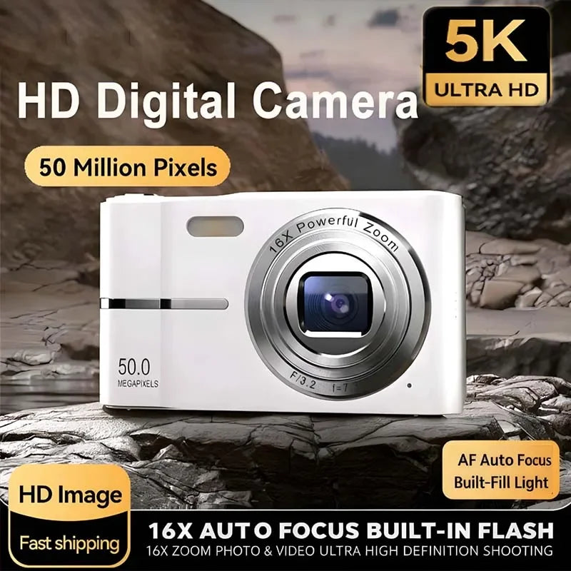 5K 50MP Mini Digital Camera with 16X Zoom, 2.4 Inch IPS Display & Flash