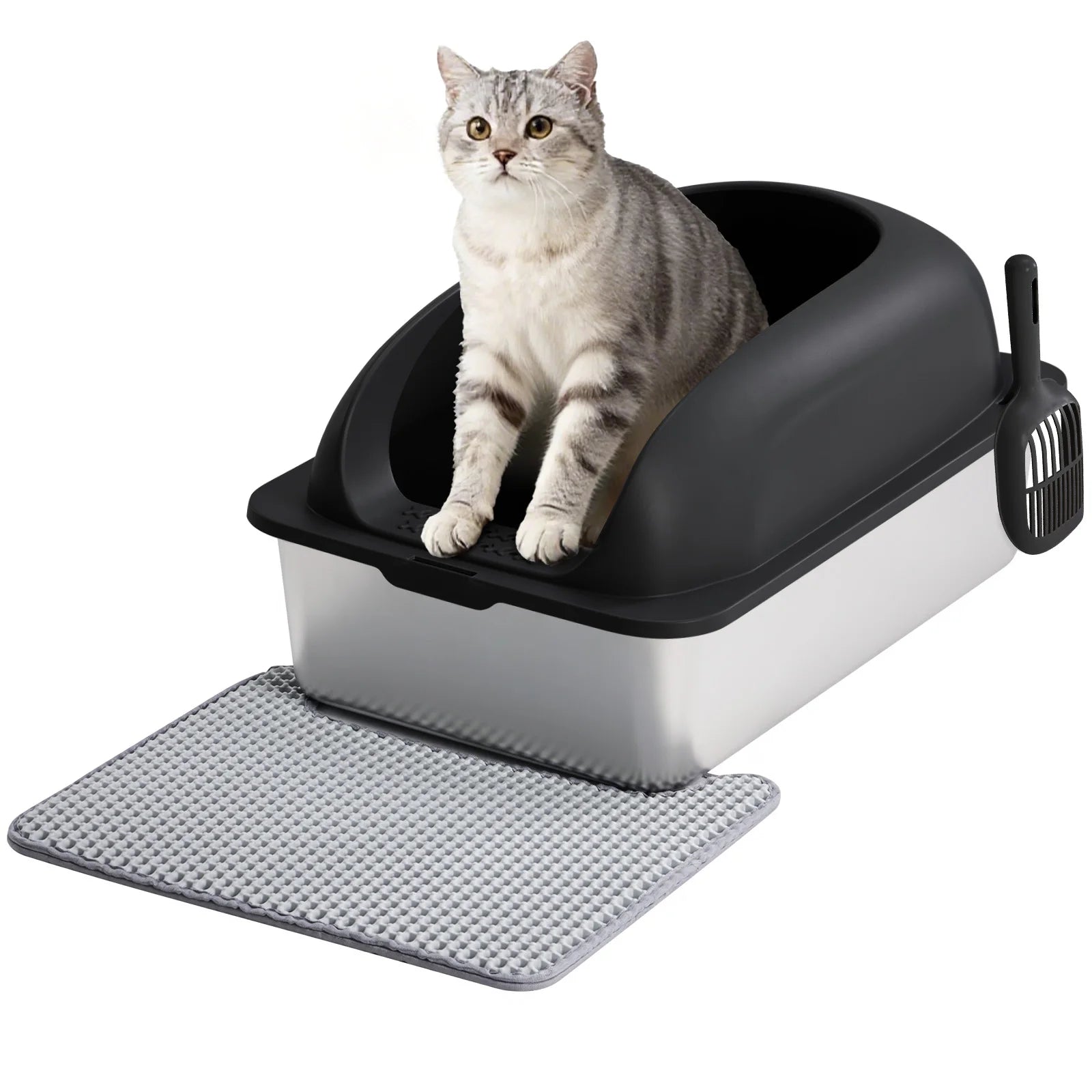 24" Stainless Steel Cat Litter Box with Lid, Scoop & Mat