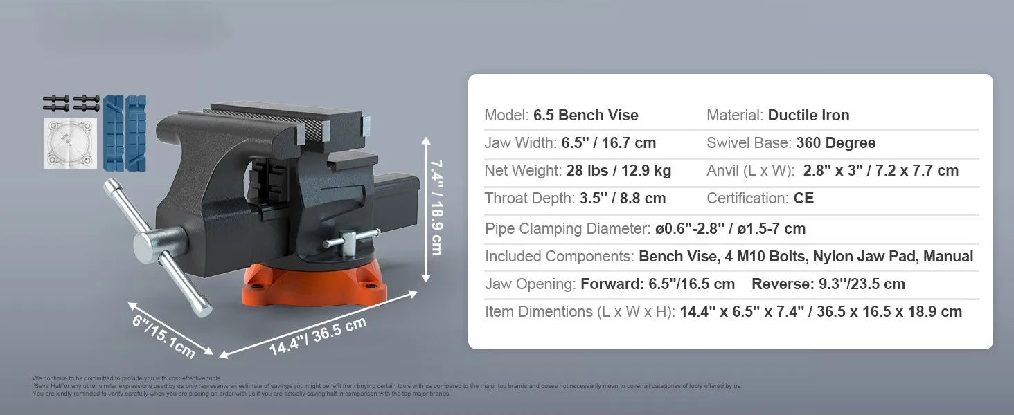 SucceBuy Bench Vise 4.5" 6" 6.5" Multipurpose, Swivel Base & Anvil Heavy Duty Cast Iron for Drilling, Conduit Cutting, Sanding