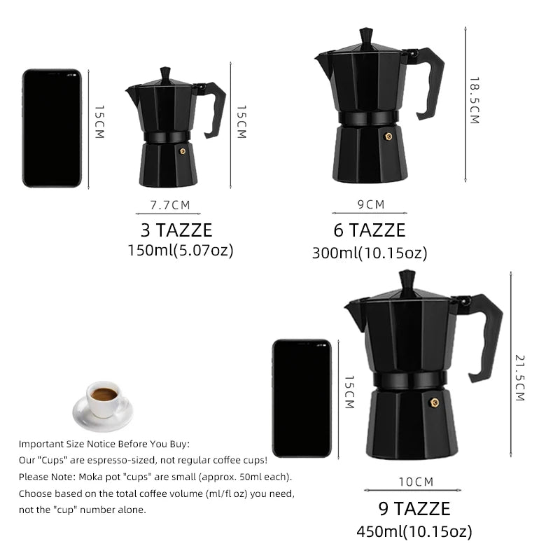 Stovetop Moka Pot in 3 or 6 Cup Sizes, Aluminium