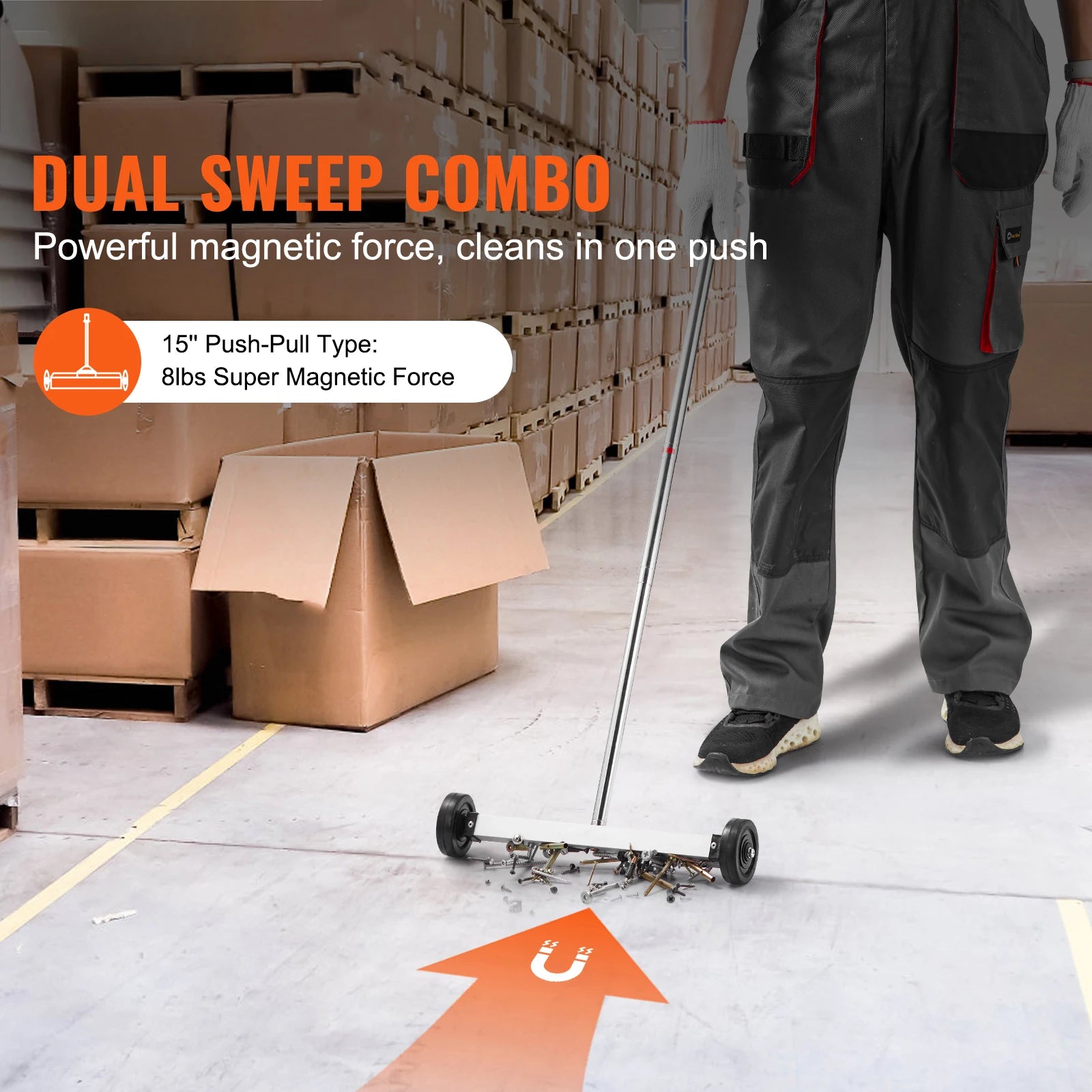15" Rolling Magnetic Sweeper with Wheels for Nails & Metal Debris