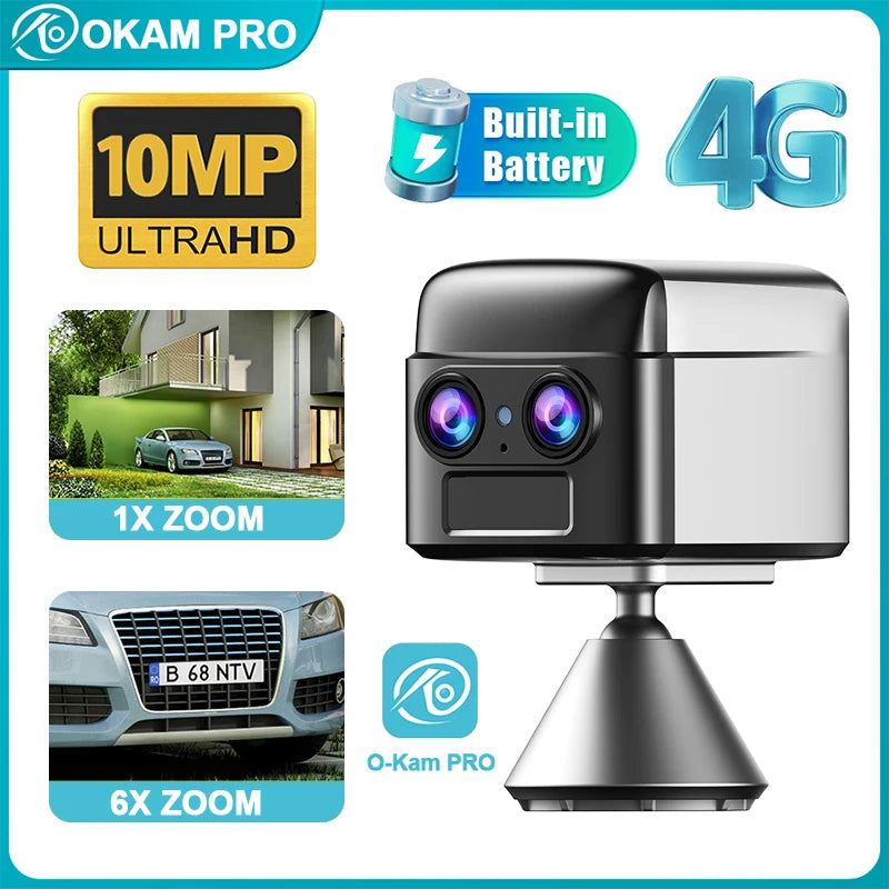 OKAM PRO WIFI MINI Double objectif HD 10MP Zoom 6X Caméra 4G SIM With Two-Way Talk Vision nocturne Détection de mouvement PIR Caméra de sécurité étanche