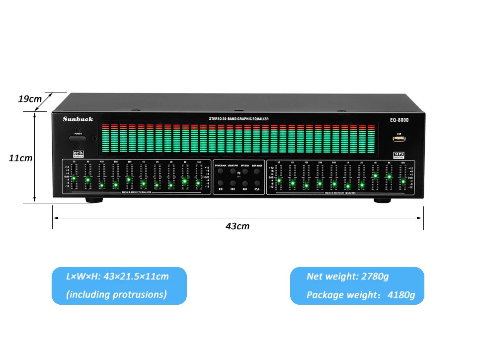 Stereo 20 Band Graphic Equalizer BT5.4 EQ8000 Music Spectrum Analysis 220V New Audio Player with EQ for Music Lovers