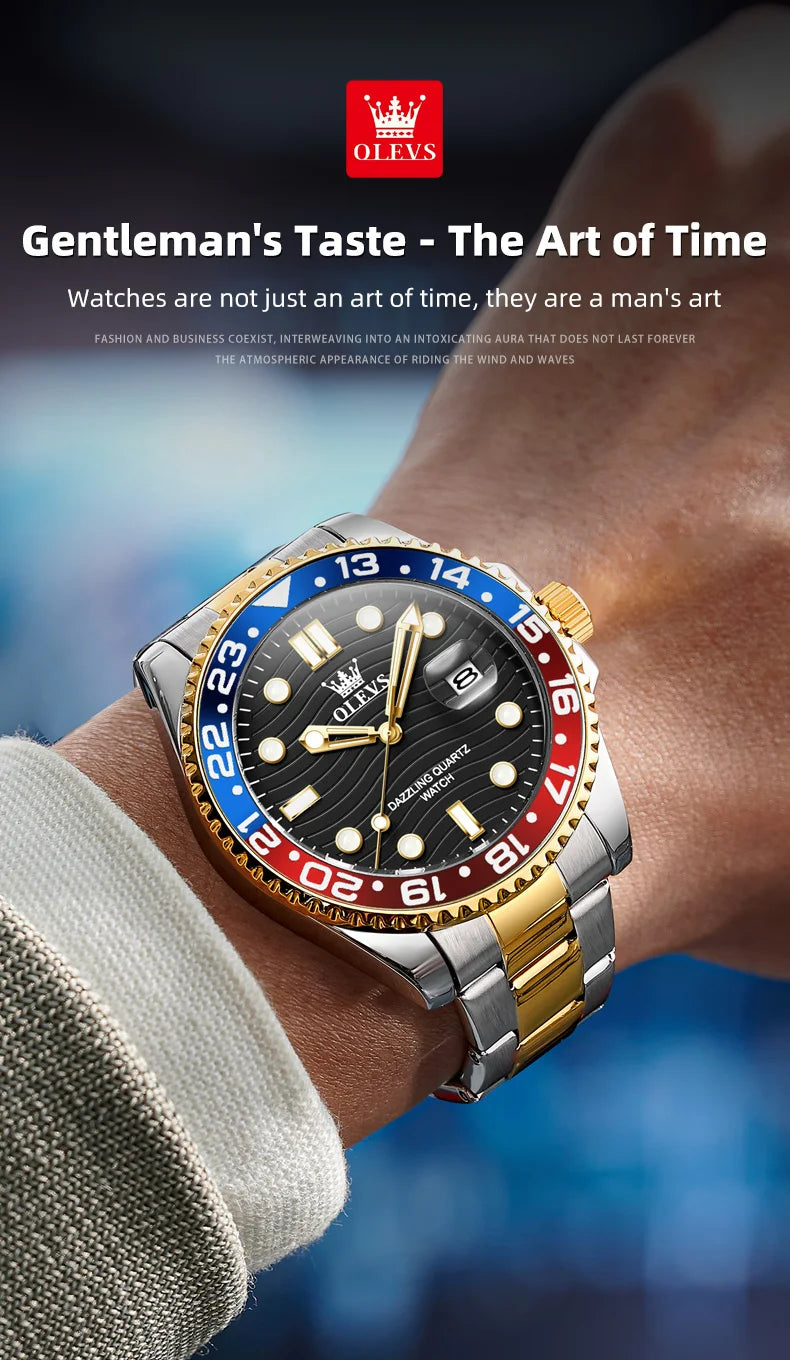OLEVS New Quartz Watch for Men Stainlss Steel Strap Diving Series Colorful Bezel Fashion Luxury Brand Original Men's Wristwatch