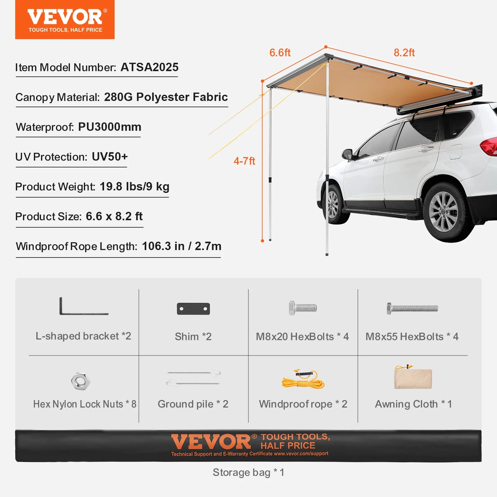 Stahovací boční markýza na auto pro SUV, nákladní vůz, karavan, vodotěsný přístřešek