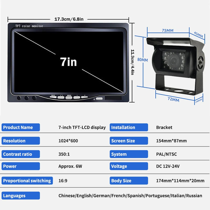 Facile à installer caméra de recul pour véhicule avec écran LCD couleur 7" moniteur de recul 12V/24V allume-cigare pour bus truck pickup lorry