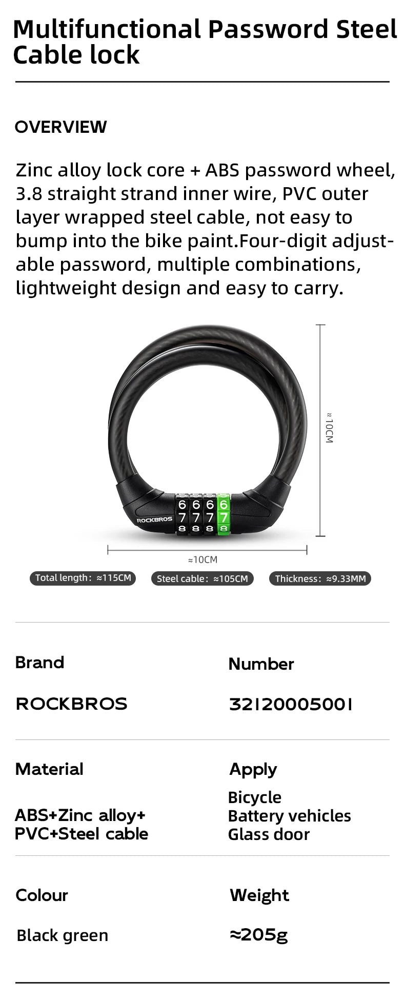 Bike Cable Lock with Password Security