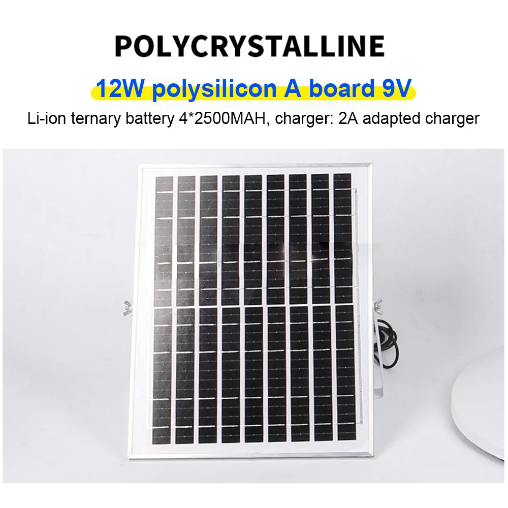 Solcelledrevet gulvventilator med 12 timers driftstid, LED-lys og USB-port