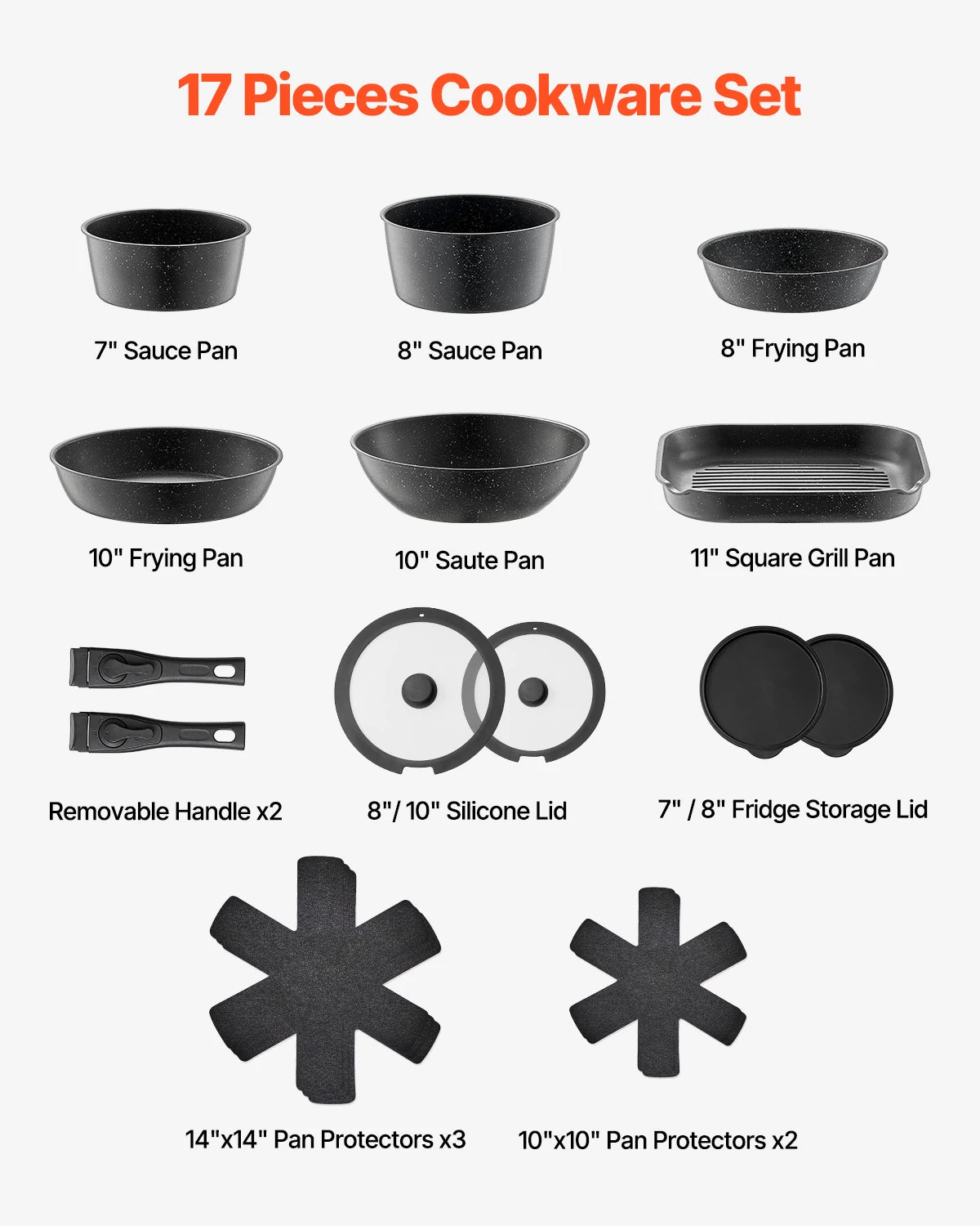 17-Piece Nonstick Cookware Set with Detachable Handles