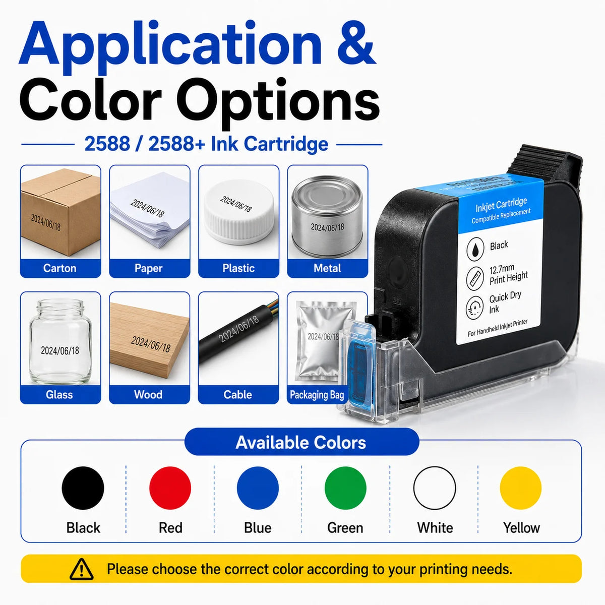 Cartucho de Tinta Rápida 2588 2588+ 2588M 42ML Altura de Impressão 12,7 mm para Impressora de Tinta Portátil Compatível Substituição