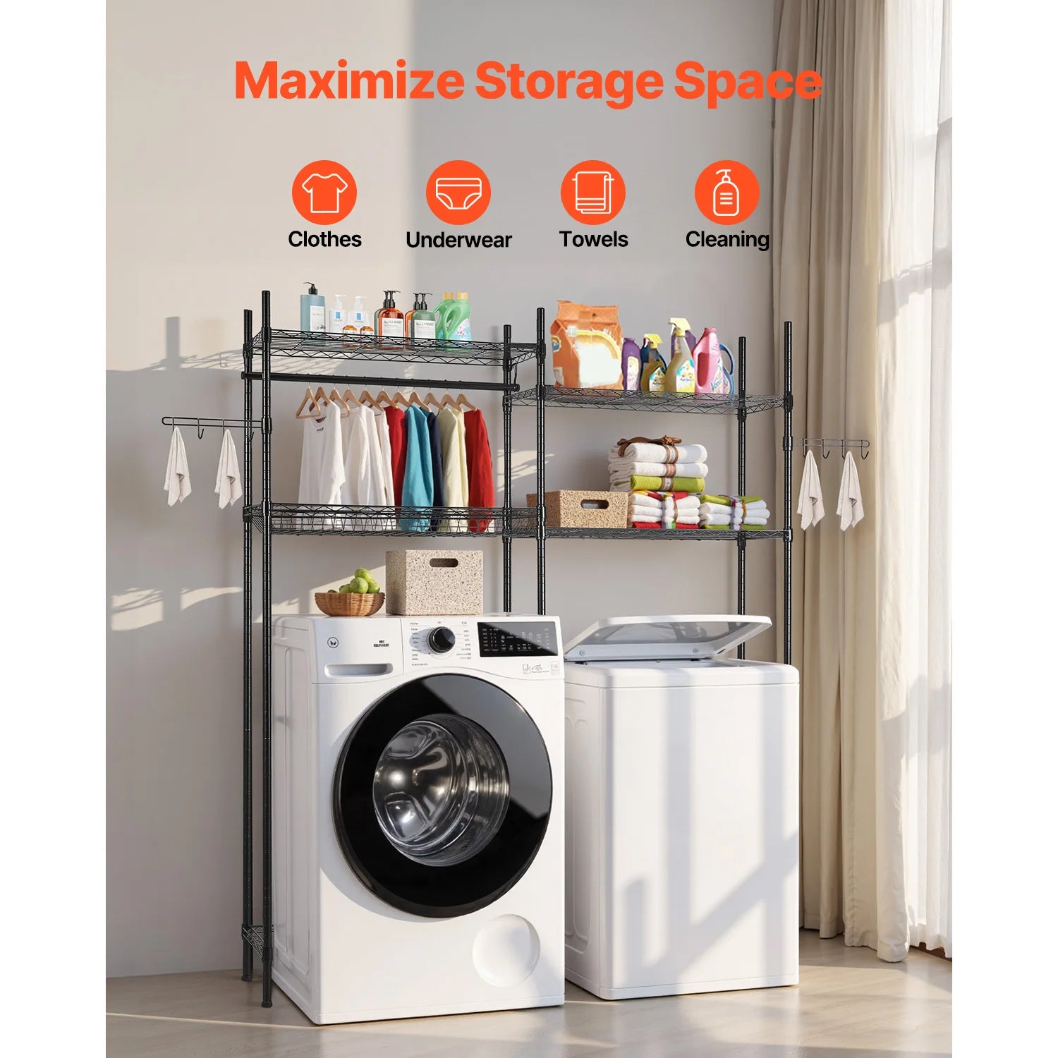 SucceBuy Over Washer and Dryer Storage Shelves Laundry Room Drying Rack with Hanger Rod and Hooks for Laundry Room Organization