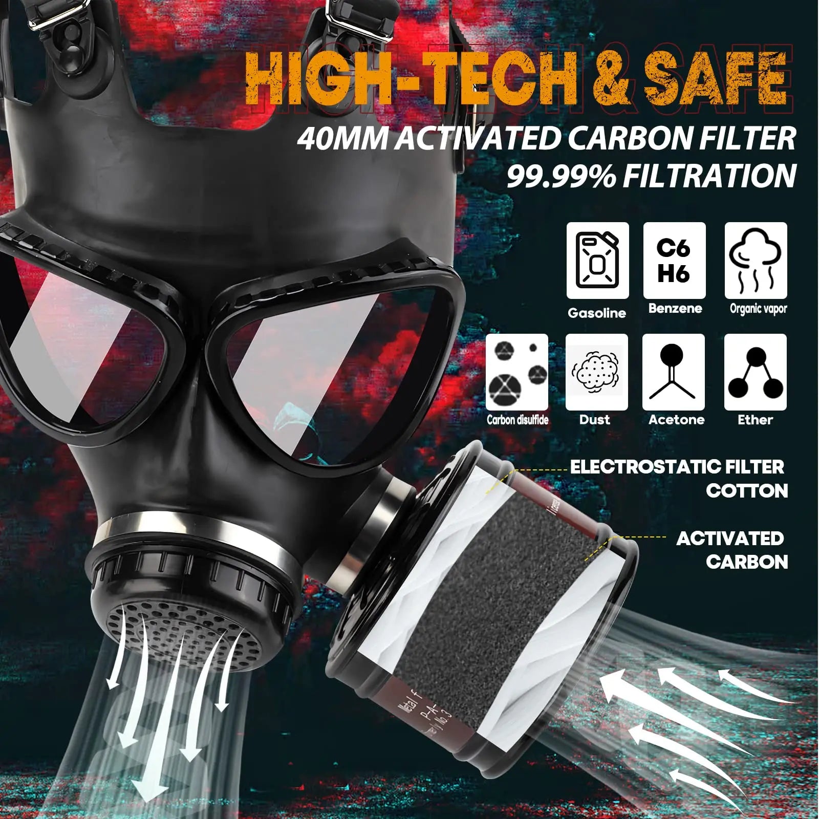 Full Face Gas Mask with 40mm Filter and Activated Carbon