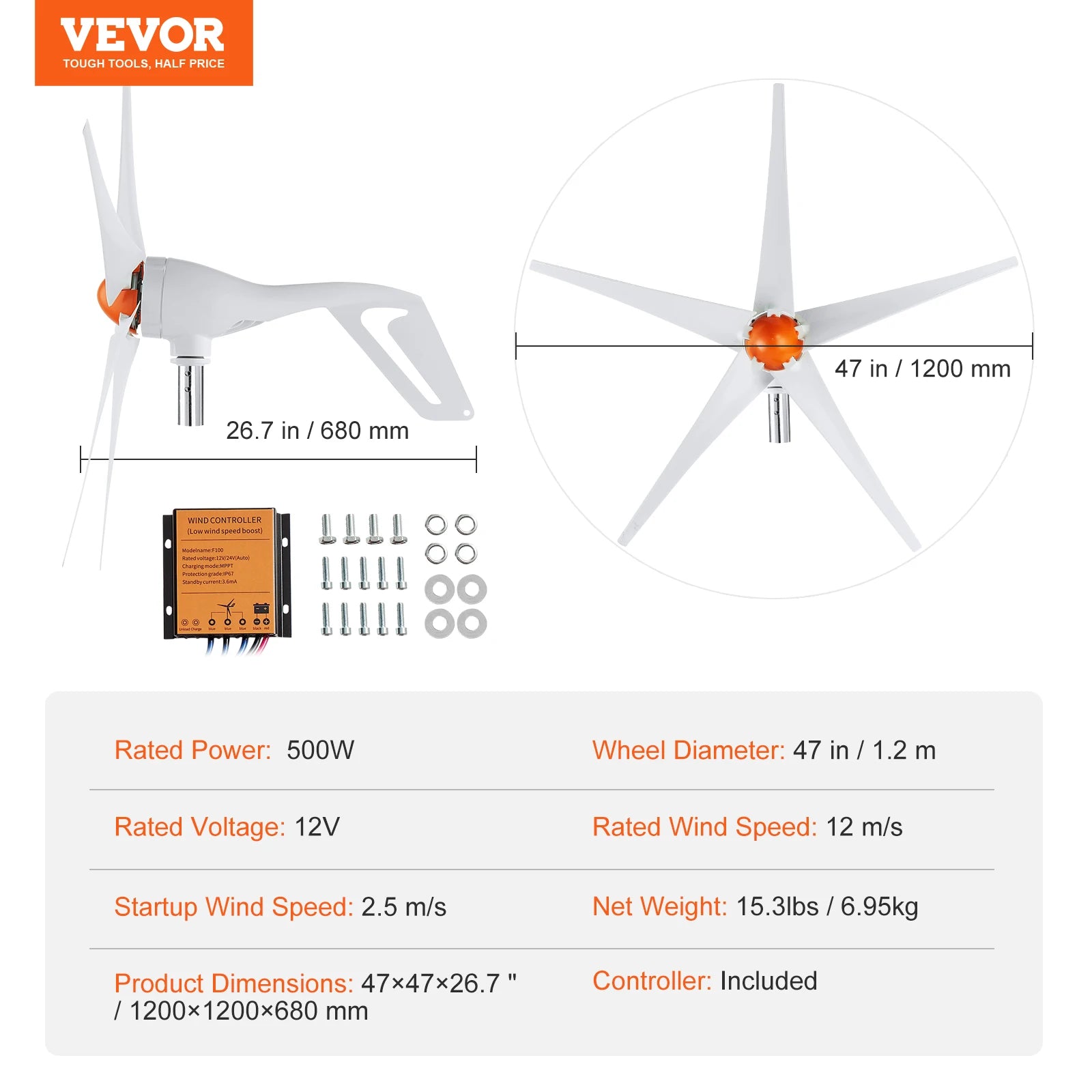 SucceBuy Wind Turbine Generator 12V 500W/800W Wind Turbine Wind Power Generator with MPPT Controller Suitable for Home Farm RVs