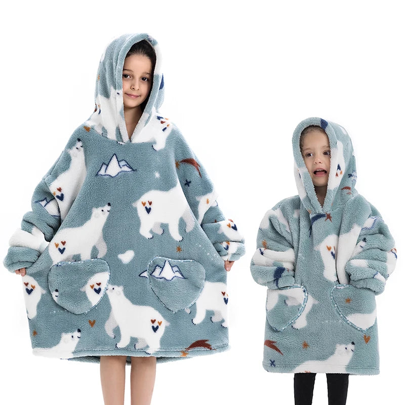 Girls Winter Clothes Flannel Thick Hoodies Super Warm Children's Sweaters Kids Hooded Loose Clothing Homewear Wearable Blankets