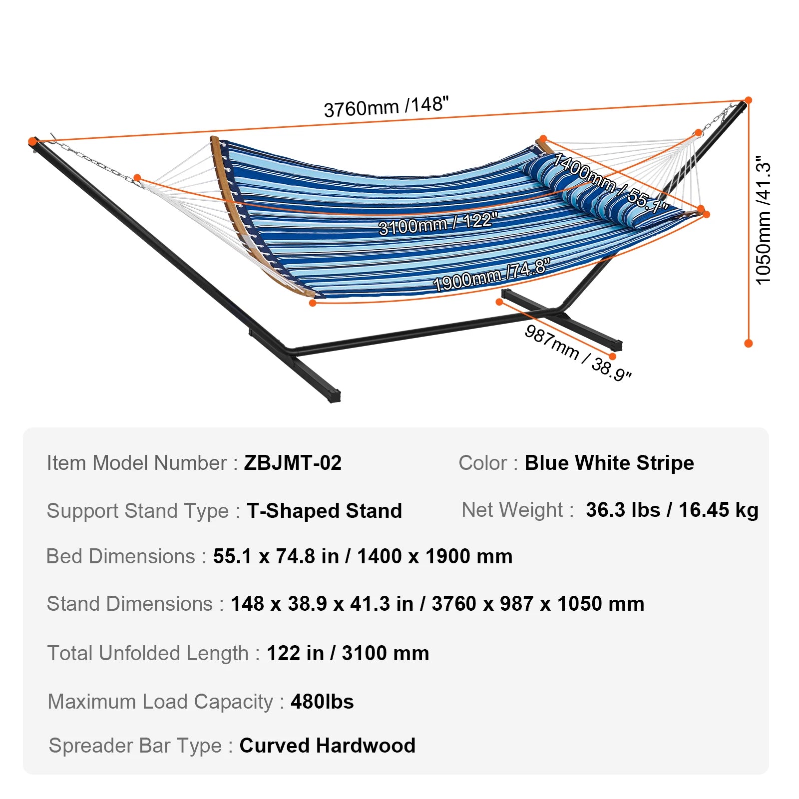Hamac pour deux personnes Succe avec support inclus, Hamac double avec barres d’écartement courbes, et coussin détachable et sac portable
