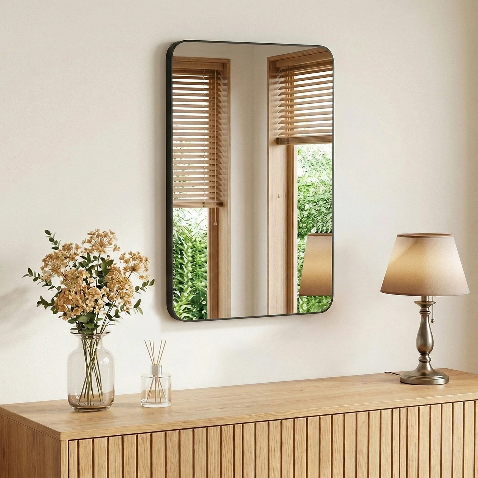 Rounded Rectangle Wall Mirror with Metal Frame, Tempered Glass