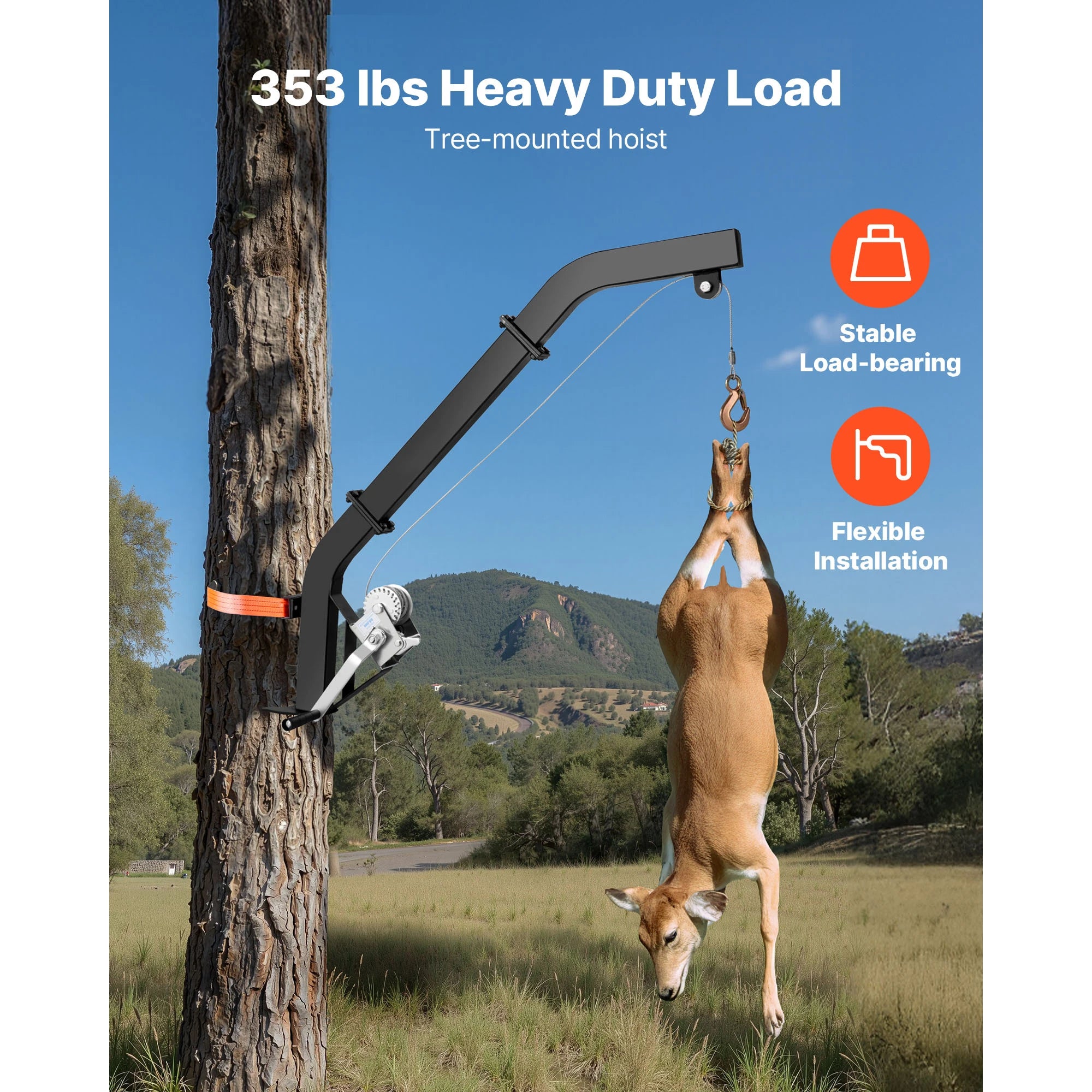 SucceBuy 353Lbs Tree Mounted Deer Hoist Hunting Game Lift Hoist Winch with Ratchet Strap Deer Hanger for Hanging Feed Dressing