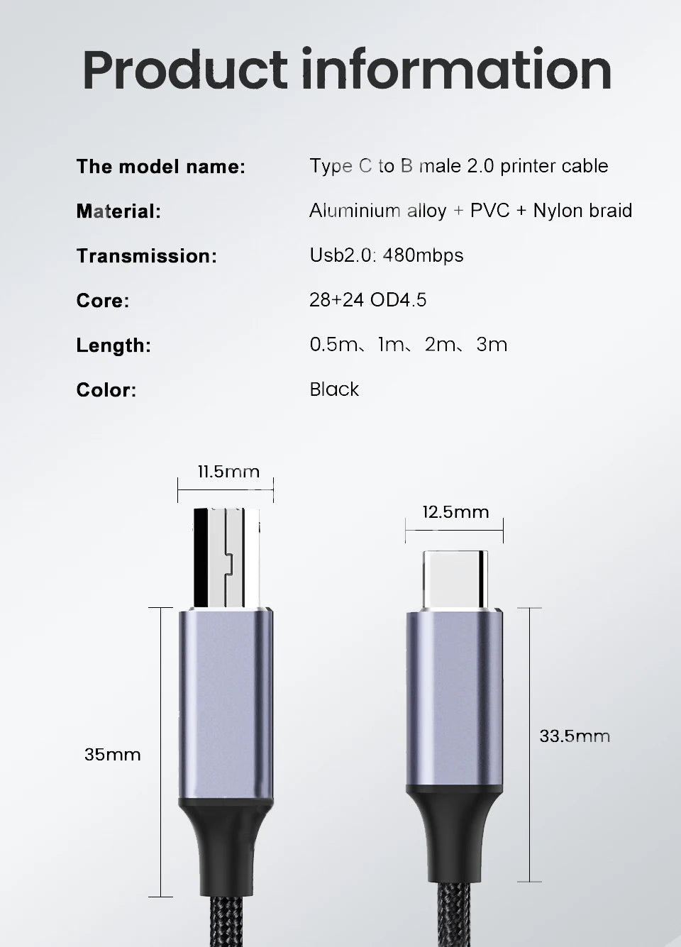 Skriverkabel fra USB-C eller USB-A til USB-B, 0.5–3 m