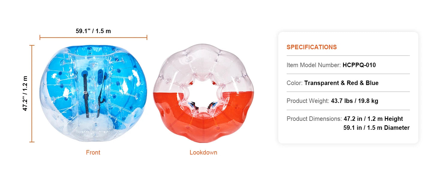 SucceBuy 2‑pack 5FT/1.5m nafukovací bumper balls, silné bublinkové míče pro fotbal, 0,8 mm nafukovací zorb míče pro dospělé nebo děti