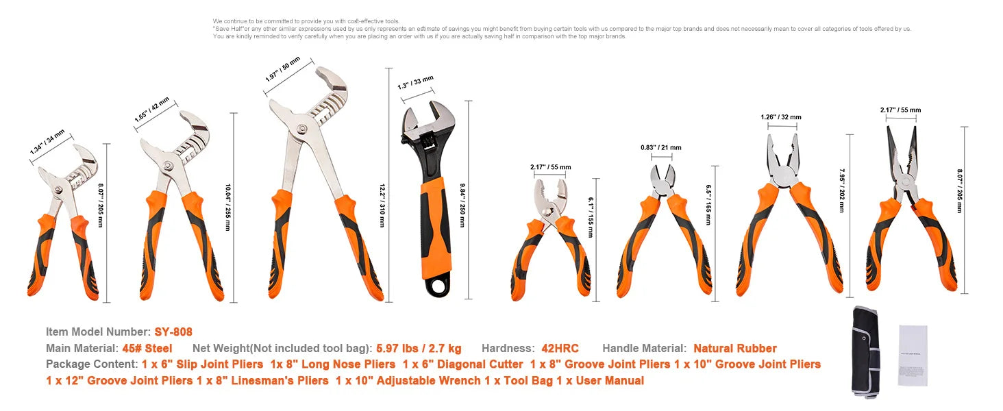 Ensemble de 8 pinces avec clé réglable Kit d'outils en acier robuste