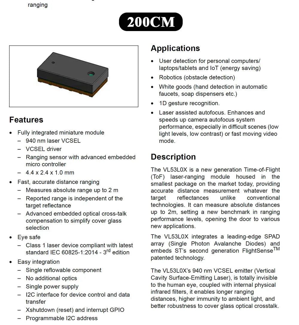 Opzioni Sensore di Distanza Time-of-Flight I2C